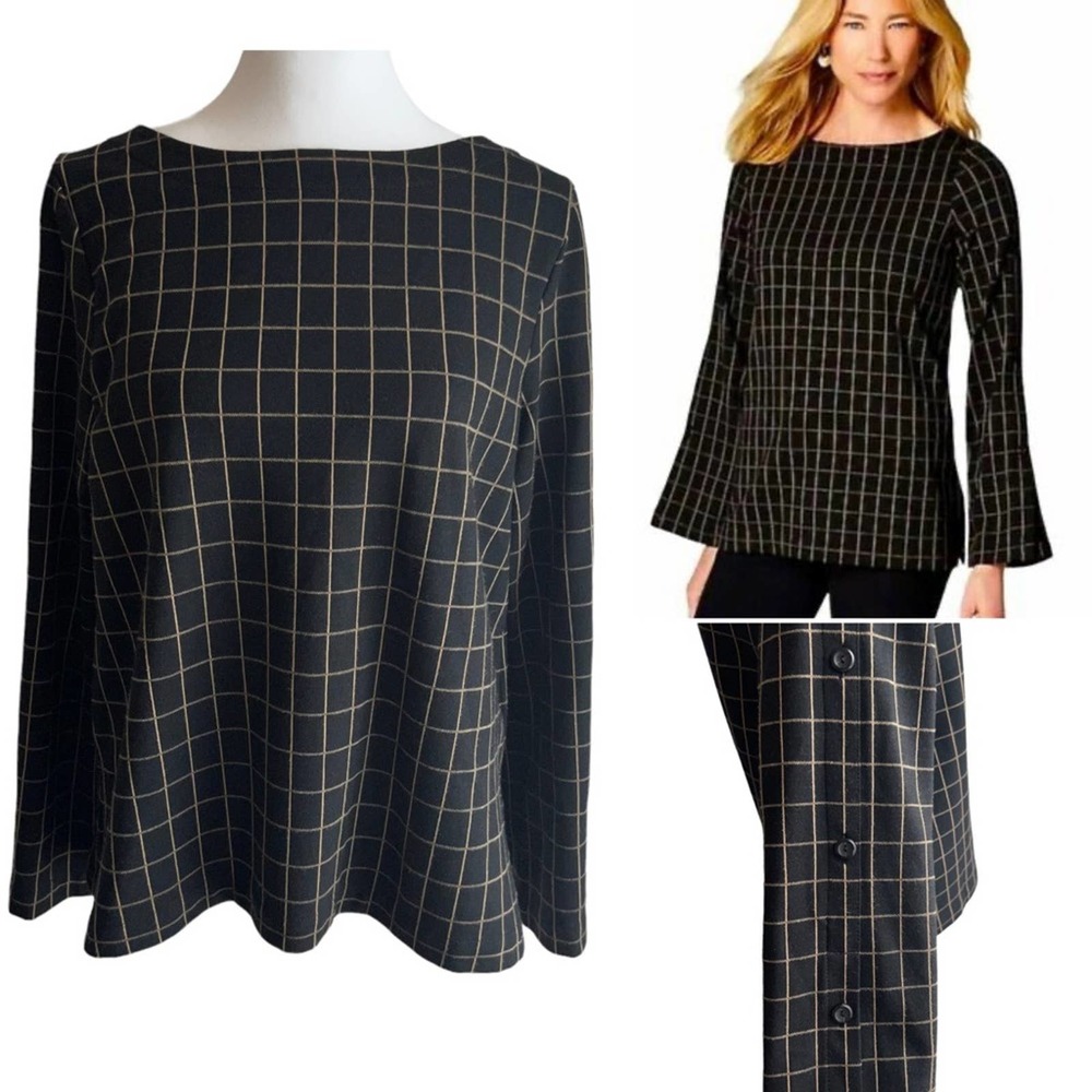 J. Jill Ponte Women’s Black Tan Window Pane Top Buttoned Sleeves Small Petite